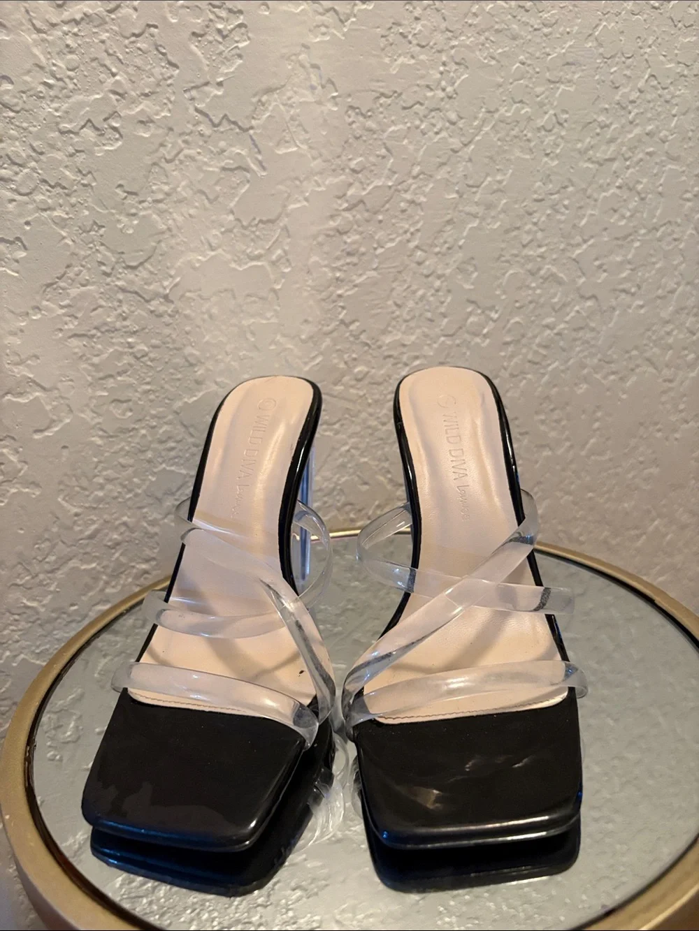 Wild Diva Black Sandals with Clear Straps and Lucite Block Heels - Picture 2 of 3